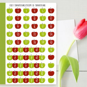May include: A sheet of 31 apple-shaped stickers with numbers 1 through 31. The stickers are red and green and have a white outline. The text "G102 | TINYKATEPLANS.ETSY.COM | IG: TINYKATEPLANS" is at the top of the sheet.