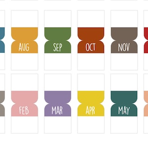May include: A printable calendar with twelve monthly tabs in different colors. Each tab has a white background with the month's name written in black. The months are: July, August, September, October, November, December, January, February, March, April, May, and June.