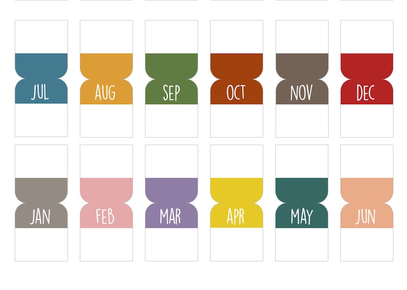 May include: A printable calendar with twelve monthly tabs in different colors. Each tab has a white background with the month's name written in black. The months are: July, August, September, October, November, December, January, February, March, April, May, and June.