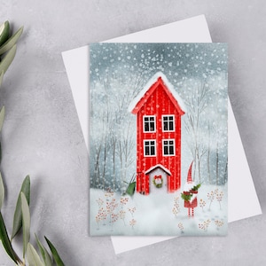 Carte postale de nain de Noël avec un arbre, impression de carte postale d'hiver aquarelle pour Postcrossing, carte postale de correspondant oiseau de Noël fantaisiste. AC-115