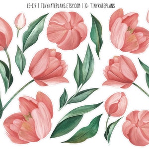 Watercolor Tulips Planner Stickers, Tiny Flower Planner Stickers, Pink Flower Bullet Journal Stickers, Spring Flower Penpal Stickers. ES-117