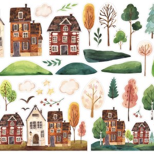 May include: Watercolor stickers featuring houses, trees, clouds, and other landscape elements. The stickers include various house designs in shades of brown, red, and cream, along with trees in green, yellow, and orange. The stickers are perfect for scrapbooking and crafts.