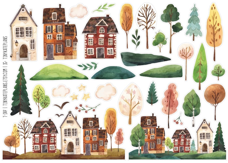 May include: Watercolor stickers featuring houses, trees, clouds, and other landscape elements. The stickers include various house designs in shades of brown, red, and cream, along with trees in green, yellow, and orange. The stickers are perfect for scrapbooking and crafts.