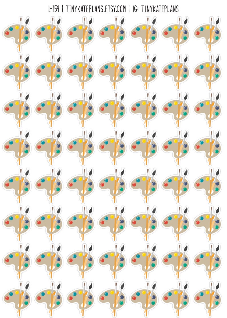 May include: A repeating pattern of stickers featuring artist palettes with paint colors and paintbrushes. The palettes are tan with colorful paint splotches. The paintbrushes have tan handles and black bristles. The stickers have a white border.