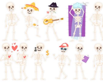 Funny Halloween Skeleton Planner Stickers, Funny Halloween Planner Stickers,Bones Stickers, Skeleton Bujo Halloween Stickers, Penpal. H-116