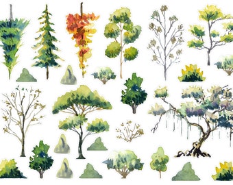 May include: A set of watercolor illustrations of various trees and shrubs. The illustrations are in shades of green, brown, yellow, and red. The illustrations are perfect for adding a touch of nature to your projects.