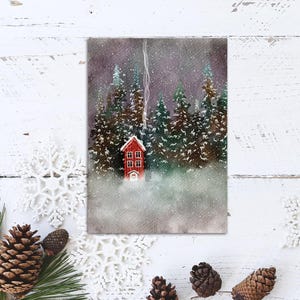 Cartolina Misty House In The Woods, Stampa cartolina invernale per Postcrossing, Cartolina di Natale Gatto nel bosco Penpal. AC-168