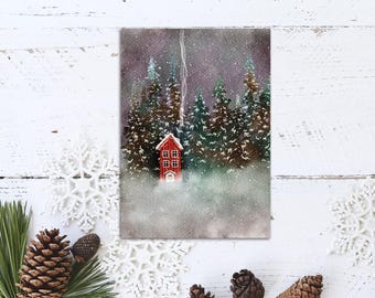 Carte postale maison brumeuse dans les bois, impression de carte postale d'hiver pour Postcrossing, carte postale de Noël chat dans les bois pour correspondance. AC-168