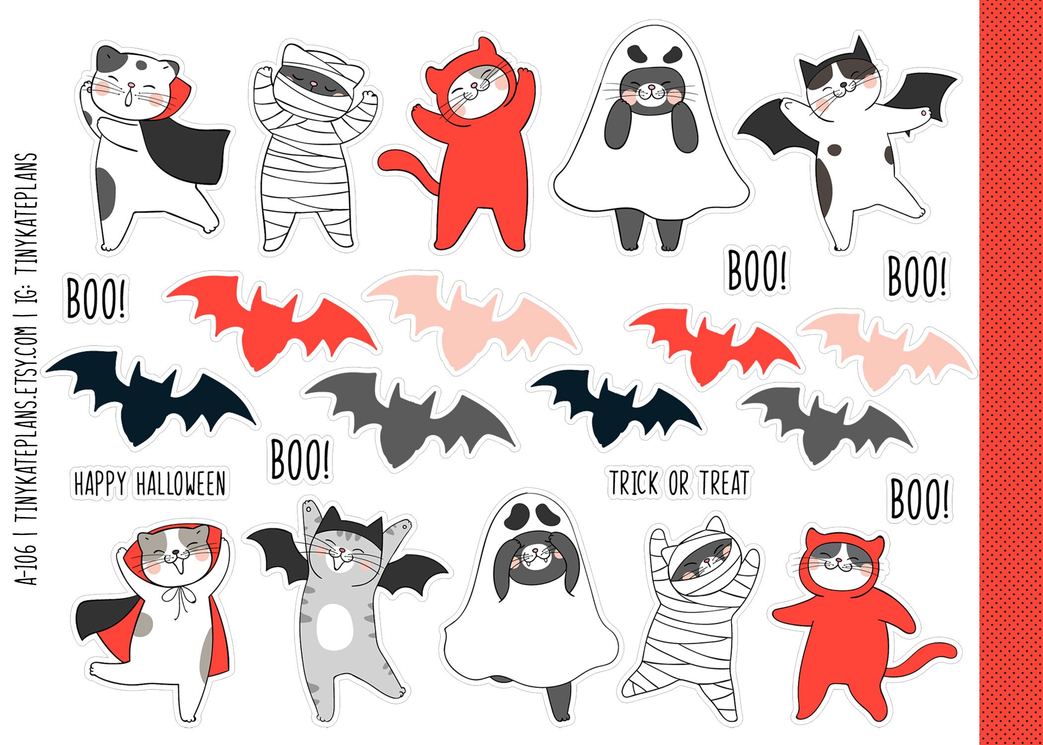 Cute Cats & Bats Halloween Planner Stickers, Halloween Planner Stickers ...