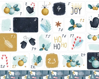 Blue Christmas Countdown Planner Stickers, Watercolor Christmas Stickers, Advent Planner Stickers, Christmas Elements Bujo Stickers. X-156