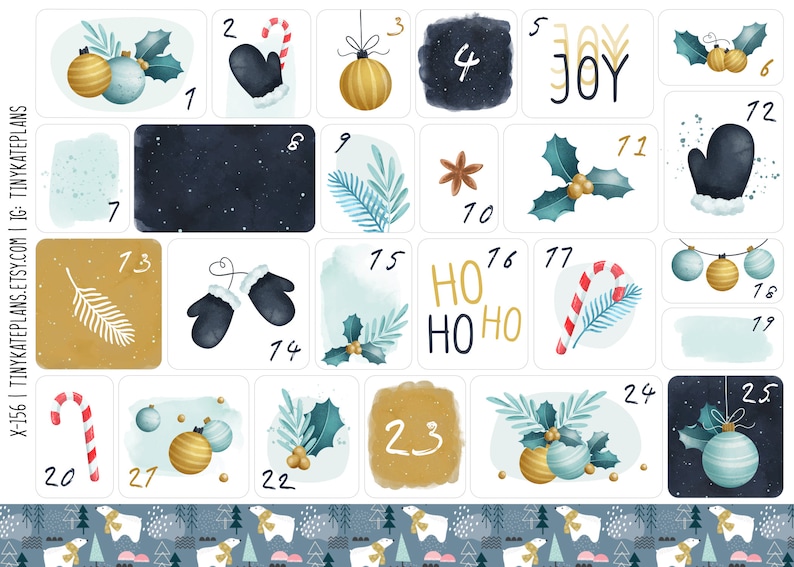 Blue Christmas Countdown Planner Stickers, Watercolor Christmas Stickers, Advent Planner Stickers, Christmas Elements Bujo Stickers. X-156 image 1