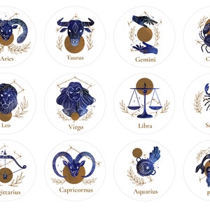 Pegatinas del planificador de signos del zodiaco azul y dorado, pegatinas de diario del zodiaco, pegatinas de signos del zodiaco del diario de balas, pegatinas del penpal del zodiaco. VT-191