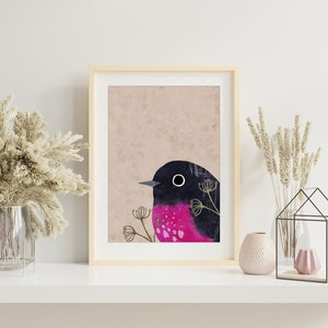 Pink Robin Art Print, Cute Pink Bird Art Print, Colorful Bird Art Print, Pink Robin Illustration Print, Pink Robin Art Wall Decor. AP-110