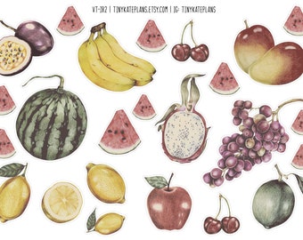 May include: A collection of hand-drawn fruit illustrations, including watermelon, bananas, lemons, cherries, grapes, dragon fruit, mango, passion fruit, and apples. The illustrations are in a realistic style with detailed shading and textures.