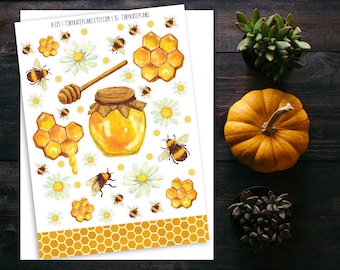Watercolor Honey Bee Planner Stickers, Bee Planner Stickers, Honey Bee Stickers, Bullet Journal Stickers, Scrapbooking Sticker. A-113