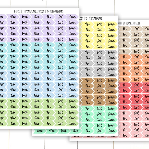 140 Tiny Days of the Week Colorful Planner Stickers, Week Calendar Stickers, Days of the Week Bullet Journal Stickers. E-192