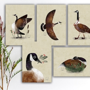 Ensemble de cartes postales Bernache du Canada, autocollants Bernache du Canada, carte postale plume oiseau, autocollants oiseaux bruns colorés, impressions d'art aquarelle oiseaux. SBC-102