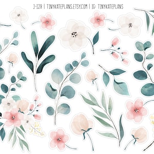 Delicate roze en witte bloemenstickers, bloempenvriendstickers, botanische plannerstickers, roze bloemenbulletjournalstickers. J-128