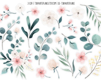 May include: A set of 12 digital stickers featuring watercolor illustrations of pink and white flowers and green eucalyptus leaves. The stickers are perfect for adding a touch of nature to planners, journals, and other paper crafts.
