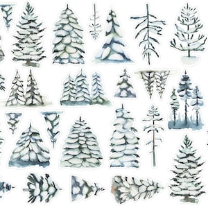 May include: A set of 25 watercolor illustrations of snowy pine trees in various shapes and sizes. The trees are painted in shades of blue, green, and white.