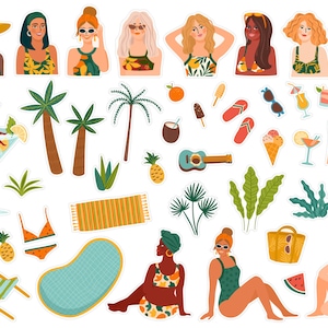 Può includere: Un set di adesivi colorati con donne in abiti estivi, palme, frutti tropicali, una piscina, un telo da spiaggia, una sedia a sdraio, un'anguria e altre illustrazioni a tema estivo.