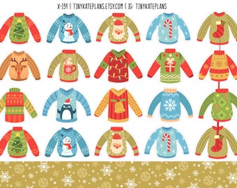 May include: A set of 18 digital clipart images featuring various Christmas sweater designs. The sweaters are illustrated in a cartoon style and feature a variety of festive themes, including reindeer, penguins, candy canes, snowmen, and Christmas trees. The images are perfect for creating holiday crafts, cards, and other projects.