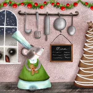Postal de panadería con ratón navideño, impresión de postal con animales para Postcrossing, postal de búho en acuarela, postales lindas con ratón. AC-116