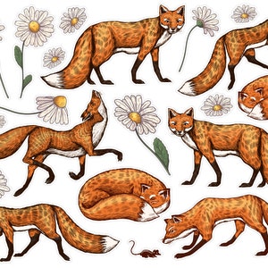 Autocollants vintage renard roux avec fleurs de camomille, autocollants animaux de la forêt, autocollants de scrapbooking renard, correspondance animaux éphémères. VT-181