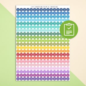 May include: A sheet of colorful round stickers with a checklist icon in the center. The stickers are arranged in rows of 10, with each row featuring a different color. The colors include blue, green, yellow, orange, red, pink, purple, and teal. The sheet is labeled "E-144 | TINYKATEPLANS.ETSY.COM | IG: TINYKATEPLANS".