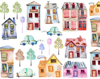 Watercolor Whimsical Town Planner Stickers, Cute Houses Stickers, Summer Town Planner Stickers, Summer Shop Bullet Journal Stickers. J-160
