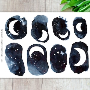 May include: A sheet of stickers featuring watercolor designs of the moon and stars. The stickers have a dark blue and black background with white crescent moons and small white stars. The text "TINYKATEPLANS.ETSY.COM" is printed on the left side.