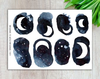 May include: A sheet of stickers featuring watercolor designs of the moon and stars. The stickers have a dark blue and black background with white crescent moons and small white stars. The text "TINYKATEPLANS.ETSY.COM" is printed on the left side.