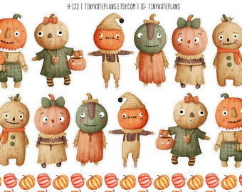 Halloween Character Planner Stickers, Halloween Pumpkin Men Planner Stickers, Scarecrow Stickers, Bullet Journal Halloween Stickers. H-122