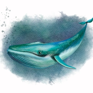 Carte postale aquarelle baleine bleue, impression de carte postale de poisson pour une traversée, carte postale de correspondance baleine, jolie carte postale de baleine bleue. AC-160