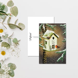 Cartolina dell'hotel con uccelli di Natale ad acquerello, stampa di cartoline invernali per postcrossing, cartolina postale di uccelli di Natale. AC-114