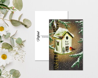 Carte postale aquarelle d'hôtel d'oiseaux de Noël, impression de carte postale d'hiver pour la traversée, carte postale de correspondant oiseau de Noël. AC-114