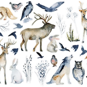 Watercolor Winter Forest Animals Planner Stickers, Tiny Animal Stickers, Forest Animal Scrapbooking Stickers, Animal Bujo Stickers. A-174