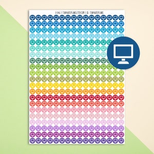 Peut inclure: Une feuille d'autocollants d'écran d'ordinateur de différentes couleurs. Les autocollants sont disposés en rangées de 10, chaque rangée présentant une couleur différente. Les couleurs vont du bleu clair au violet foncé. Les autocollants sont tous circulaires et présentent un contour blanc d'un écran d'ordinateur.