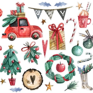 Pegatinas del planificador de Navidad de acuarela, pegatinas navideñas de camiones de Navidad, pegatinas acogedoras del planificador de invierno, pegatinas de Bujo de animales de Navidad. X-165