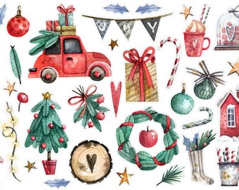 May include: Watercolor Christmas-themed stickers featuring a red car carrying gifts, a Christmas tree, ornaments, a wreath, and a banner that says "JOY". Other elements include a candy cane, a house, and a mug.