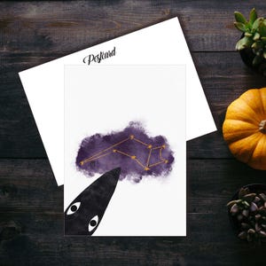 Raven Catstellation Postcard, Cat Postcard For Postcrossing, Cat Penpal Postcard, Cute Black Cat And Ghosts Postcard. AC-221