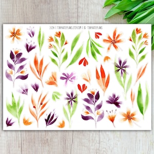 Pegatinas de acuarela con flores naranjas y moradas para planificador, pegatinas de flores pequeñas para planificador, pegatinas de flores para bujo, pegatinas florales para amigos por correspondencia. J-214