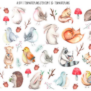 Watercolor Forest Animals And Birds Planner Stickers, Cute Animals Tiny Planner Stickers, Birds And Animal Bullet Journal Stickers. A-177