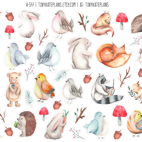Watercolor Forest Animals And Birds Planner Stickers, Cute Animals Tiny Planner Stickers, Birds And Animal Bullet Journal Stickers. A-177