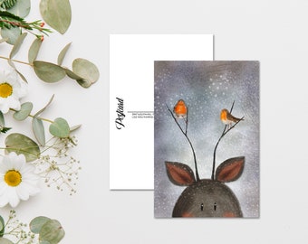 Watercolor Deer With Robins Postcard, Animal Postcard Print For Postcrossing, Bird Penpal Postcard, Whimsical Animal Postcard. AC-104