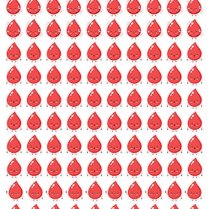 May include: A sheet of 100 red blood drop stickers with different facial expressions. The stickers are arranged in a grid pattern. The text "L-133 | TINYKATEPLANS.ETSY.COM | IG: TINYKATEPLANS" is at the top of the sheet.