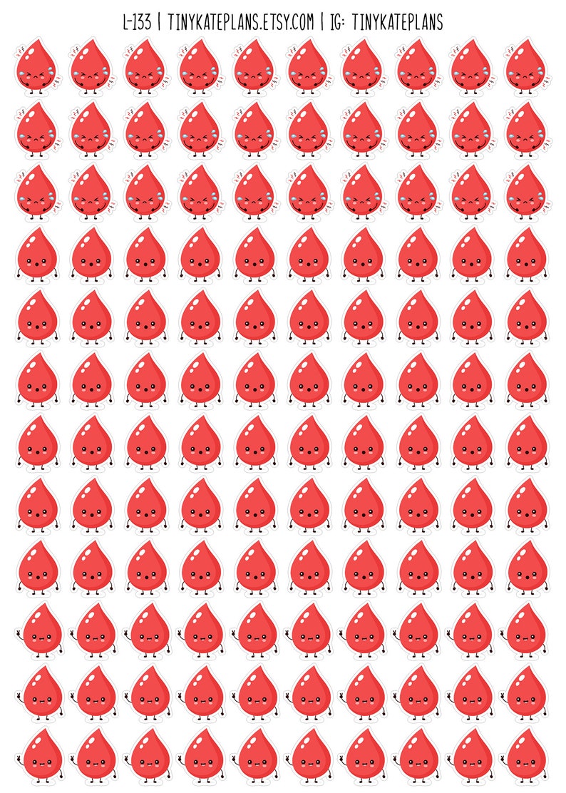 May include: A sheet of 100 red blood drop stickers with different facial expressions. The stickers are arranged in a grid pattern. The text "L-133 | TINYKATEPLANS.ETSY.COM | IG: TINYKATEPLANS" is at the top of the sheet.