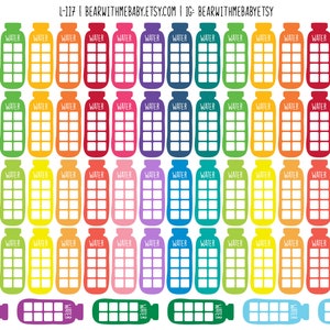 May include: A set of 48 printable water tracker stickers featuring a water bottle design with 8 squares for tracking water intake. The stickers are in a rainbow of colors, including red, orange, yellow, green, blue, purple, pink, and teal.