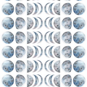May include: A set of 30 watercolor moon phase stickers in shades of blue and gray. The stickers include full moons, half moons, crescent moons, and new moons. The stickers are perfect for adding a touch of whimsy to planners, journals, laptops, and more.