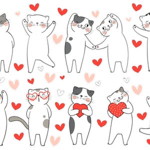 Stickers chats de la Saint-Valentin, stickers chats avec coeurs, stickers Bullet Journal drôles de chat de la Saint-Valentin. V-110.